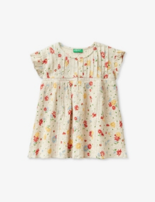Benetton Girls Cream And Red Patt Kids Floral-print Crepe Stretch-woven Top 6-14 Years