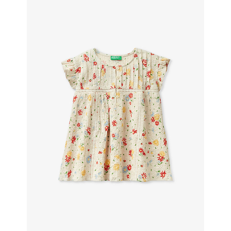 Benetton Girls Cream And Red Patt Kids Floral-print Crepe Stretch-woven Top 6-14 Years