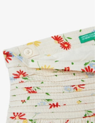 Shop Benetton Girls Cream And Red Patt Kids Floral-print Pleated Stretch-crepe Mini Skirt 6-14 Years