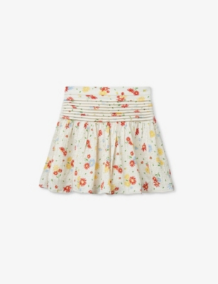 Benetton Girls Cream And Red Patt Kids Floral-print Pleated Stretch-crepe Mini Skirt 6-14 Years
