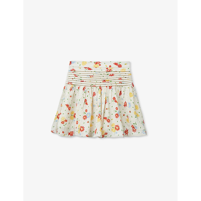 Benetton Girls Cream And Red Patt Kids Floral-print Pleated Stretch-crepe Mini Skirt 6-14 Years