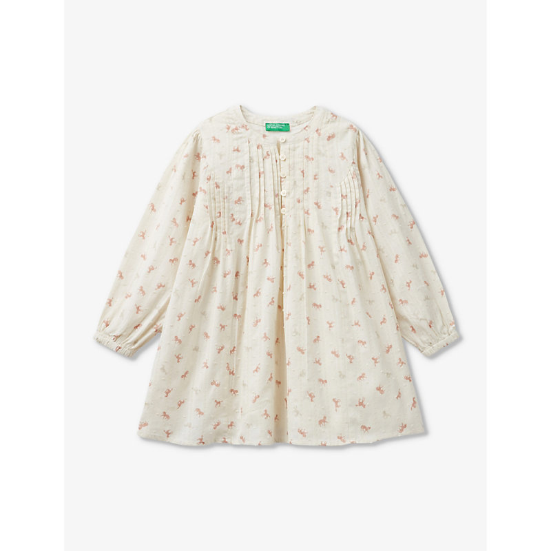 Shop Benetton Horse-pattern Long-sleeved Cotton Dress 18 Months - 6 Years In Cream Pattern