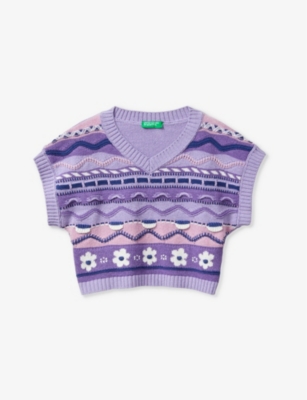 Benetton Girls Lilac Shades Kids V-neck Jacquard Knitted Waistcoat 6-14 Years