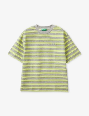 Benetton Kids' Stripe-print Short-sleeve Cotton-jersey T-shirt 6-14 Years In Grey/yellow Stripe