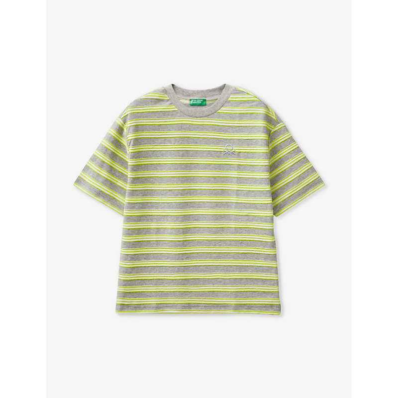 Benetton Kids' Stripe-print Short-sleeve Cotton-jersey T-shirt 6-14 Years In Grey/yellow Stripe