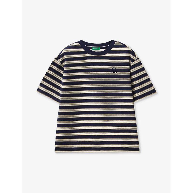 Benetton Kids' Stripe-print Short-sleeve Cotton-jersey T-shirt 6-14 Years In Navy/biege Stripe