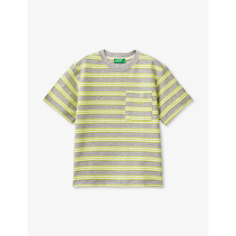 Benetton Babies' Stripe-print Short-sleeve Cotton-jersey T-shirt 18 Months - 6 Years In Grey/yellow Stripe