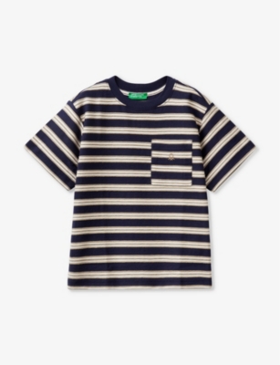 Benetton Babies' Stripe-print Short-sleeve Cotton-jersey T-shirt 18 Months - 6 Years In Navy/biege Stripe
