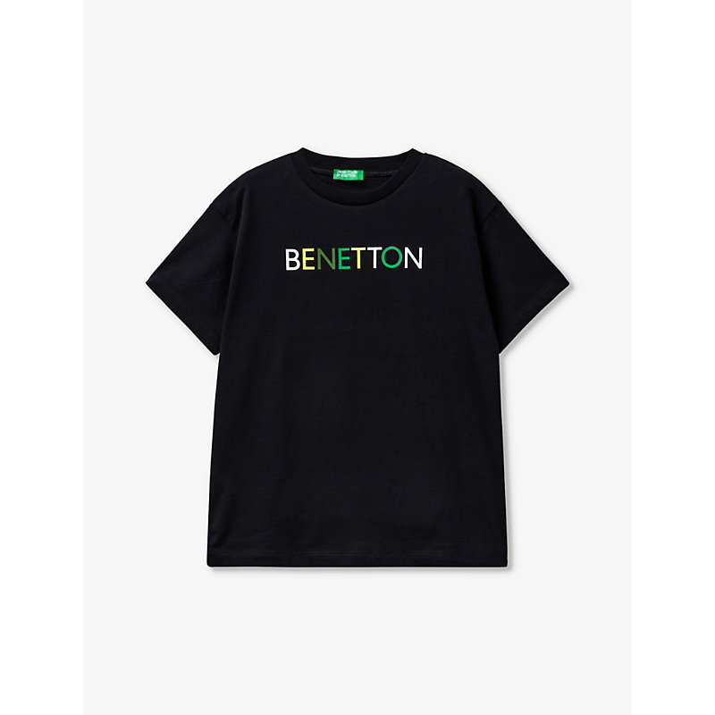 Benetton Boys Black Kids Logo-print Short-sleeve Organic-cotton T-shirt 6-14 Years