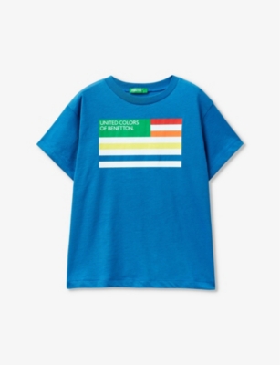 Benetton Boys Blue Kids Logo-print Short-sleeve Organic-cotton T-shirt 6-14 Years