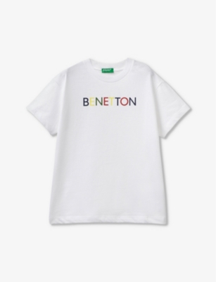 Benetton Boys White Kids Logo-print Short-sleeve Organic-cotton T-shirt 6-14 Years