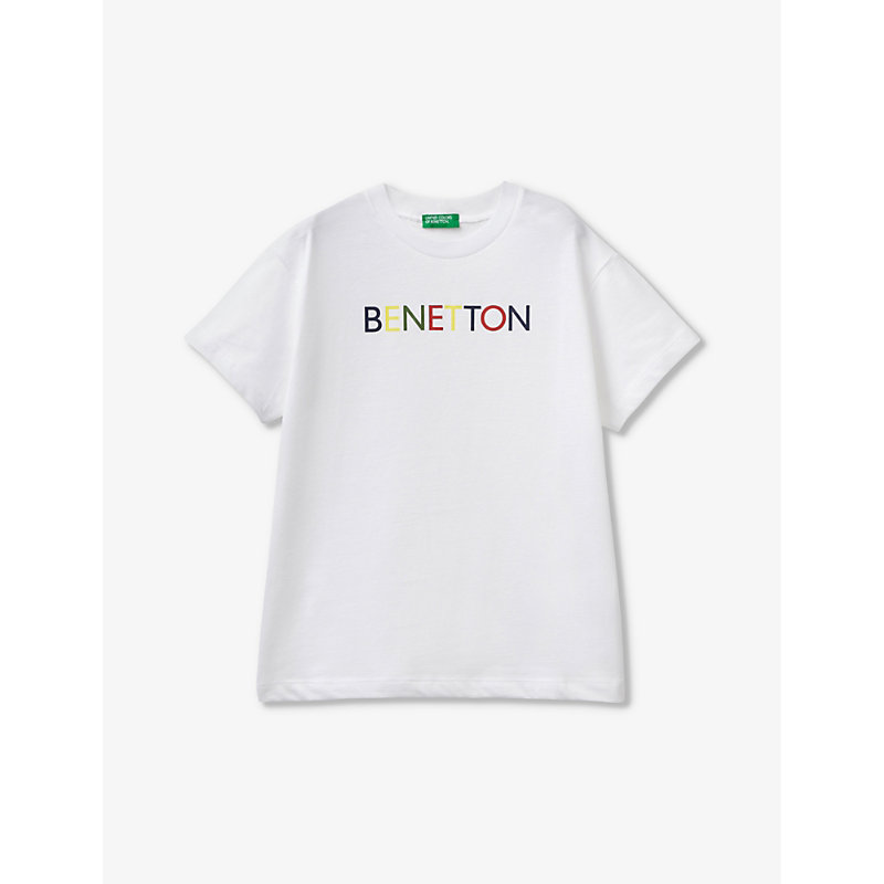 Benetton Boys White Kids Logo-print Short-sleeve Organic-cotton T-shirt 6-14 Years