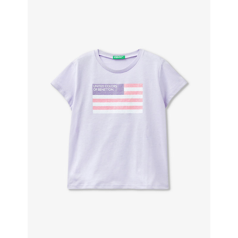 Benetton Girls Lilac Kids Glitter Logo-print Short-sleeve Organic-cotton T-shirt 6-14 Years