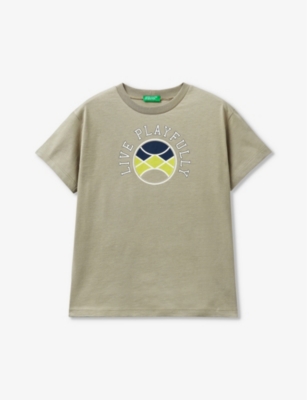 Benetton Kids' 'live Playfully' Text-print Short-sleeve Organic-cotton T-shirt 6-14 Years In Khaki Green