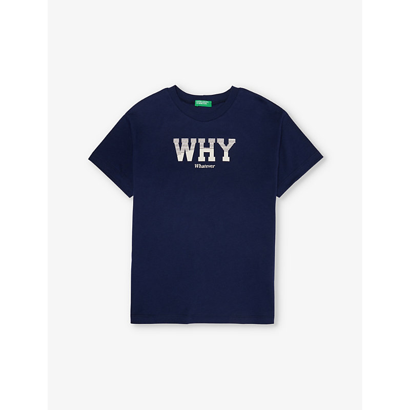 Shop Benetton Boys Navy Blue Kids Slogan-print Short-sleeve Cotton-jersey T-shirt 6-14 Years