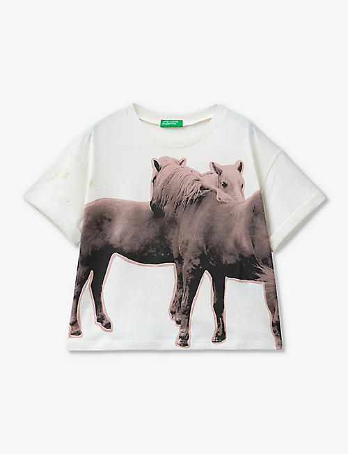 BENETTON: Photographic horse-print cotton T-shirt 6-14 years