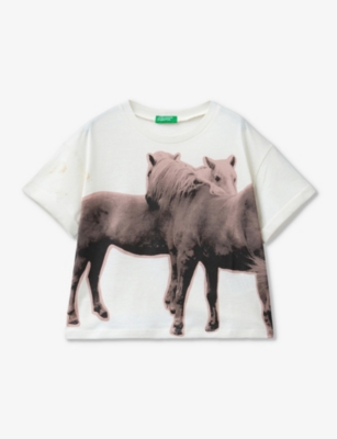 Benetton Boys Stone Kids Photographic Horse-print Cotton T-shirt 6-14 Years