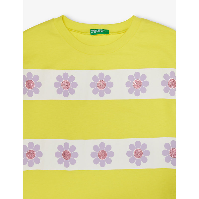 Shop Benetton Girls Yellow/white Kids Floral-print Short-sleeve Cotton T-shirt 6-14 Years