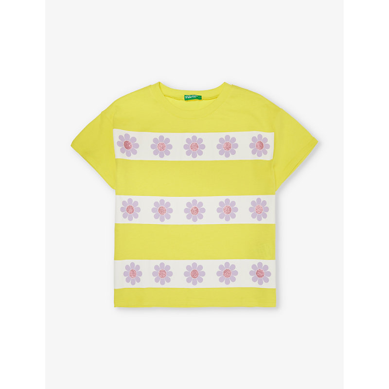 Shop Benetton Girls Yellow/white Kids Floral-print Short-sleeve Cotton T-shirt 6-14 Years