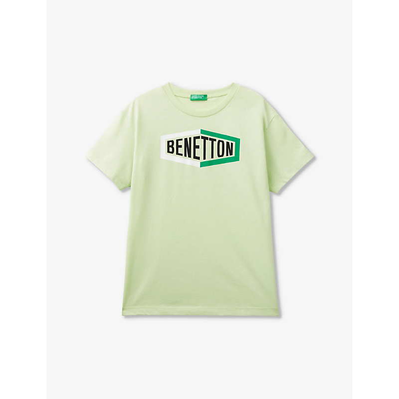 Benetton Boys Lime Kids Branded-print Short-sleeved Organic-cotton T-shirt 6-14 Years