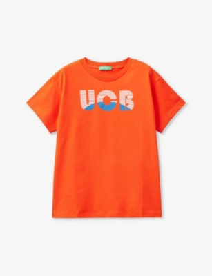 Benetton Boys Red Kids Branded-print Short-sleeved Organic-cotton T-shirt 6-14 Years