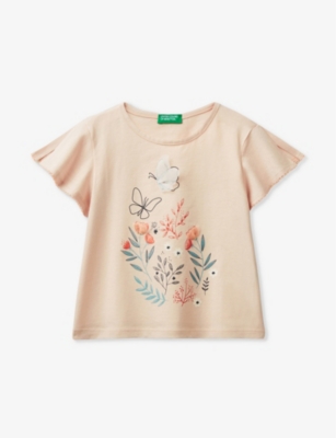 Shop Benetton Floral Print And Tulle-applique Cotton-jersey T-shirt 18 Months - 6 Years In Peach