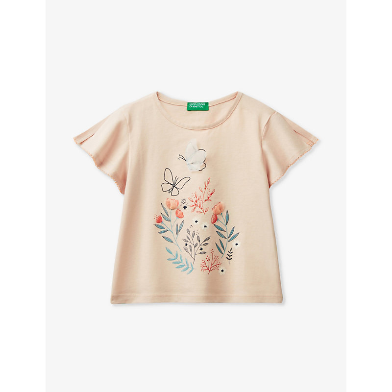 Benetton Babies' Floral Print And Tulle-applique Cotton-jersey T-shirt 18 Months - 6 Years In Peach