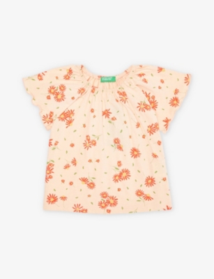 Benetton Womens Peach Floral Patt Floral-print Gathered Cotton-jersey T-shirt 3-6 Years