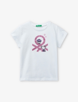 Benetton Girls White Kids Branded Glitter-embellished Organic-cotton T-shirt 18 Months - 6 Years