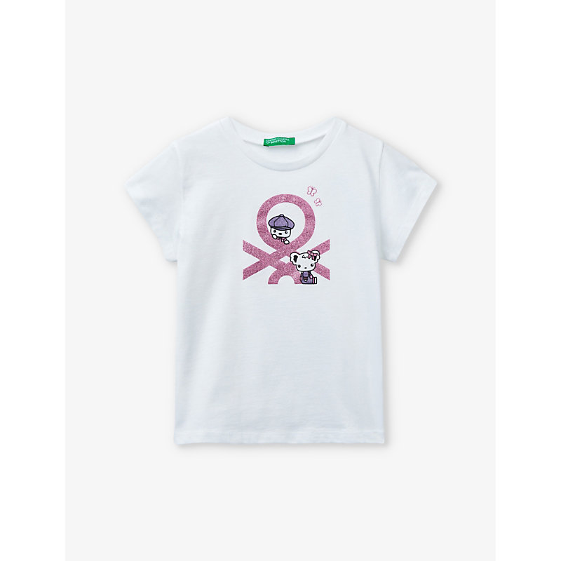 Benetton Girls White Kids Branded Glitter-embellished Organic-cotton T-shirt 18 Months - 6 Years