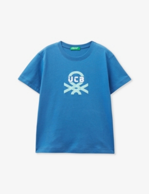 Shop Benetton Airforce Blue Branded-print Short-sleeved Cotton-jersey T-shirt 18 Months - 6 Years