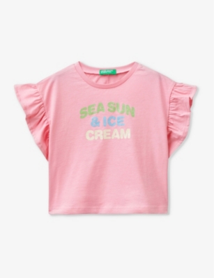 Shop Benetton Girls Fuchsia Pink Kids Glitter Ice-cream Frill-sleeve Organic-cotton Jersey T-shirt 18 Mon
