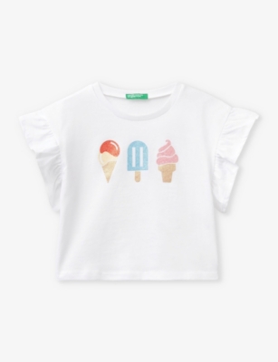 BENETTON: Glitter ice-cream frill-sleeve organic-cotton jersey T-shirt 18 months - 6 years