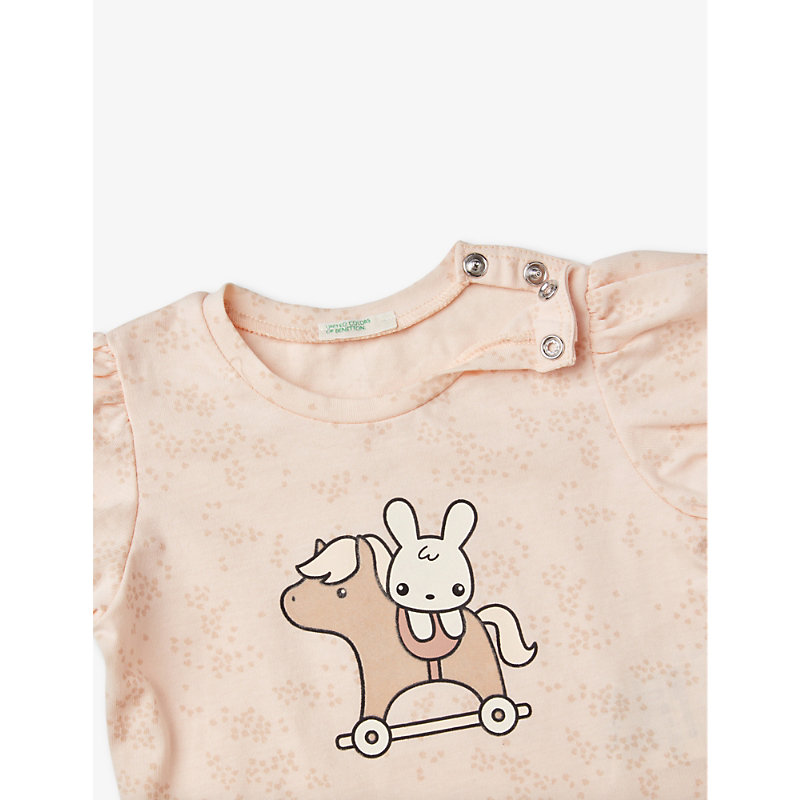 Shop Benetton Graphic-print Frill-sleeve Organic-cotton T-shirt 1-18 Months In Pale Pink