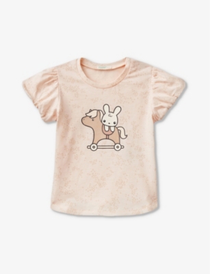 Shop Benetton Pale Pink Graphic-print Frill-sleeve Organic-cotton T-shirt 1-18 Months