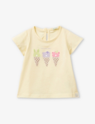 Benetton Girls Pale Yellow Kids Ice Cream-print Short-sleeve Cotton-jersey T-shirt 1-18 Months