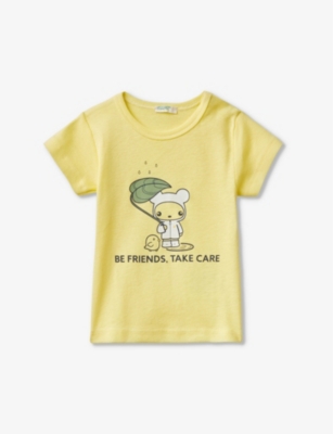 Shop Benetton Pale Yellow Logo-print Short-sleeve Organic-cotton T-shirt 1-18 Months