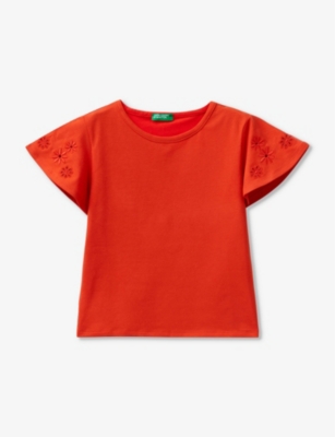 Benetton Girls Red Kids Embroidered Short-sleeved Cotton T-shirt 6-14 Years