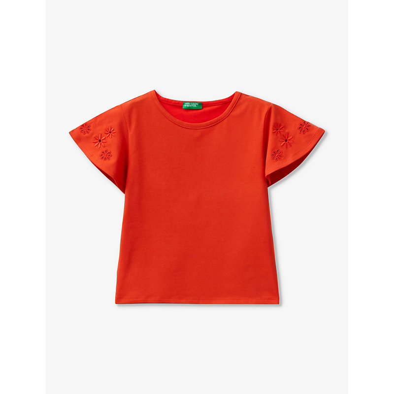 Benetton Girls Red Kids Embroidered Short-sleeved Cotton T-shirt 6-14 Years