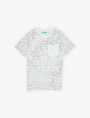 Benetton Boys Pale Blue Kids Line-print Crew-neck Cotton-linen Blend T-shirt 6-14 Years