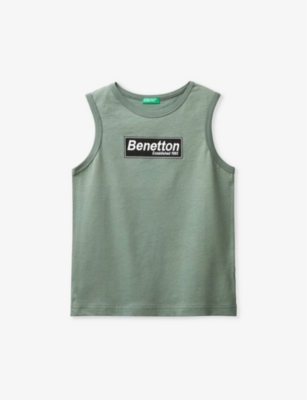 Shop Benetton Boys Military Green Kids Branded-print Sleeveless Organic-cotton Top 6-14 Years