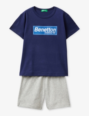 Shop Benetton Logo Text-print T-shirt And Short Cotton-jersey Set In Navy/grey