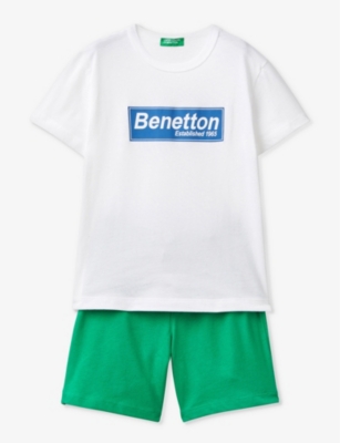 Shop Benetton Logo Text-print T-shirt And Short Cotton-jersey Set In White/green