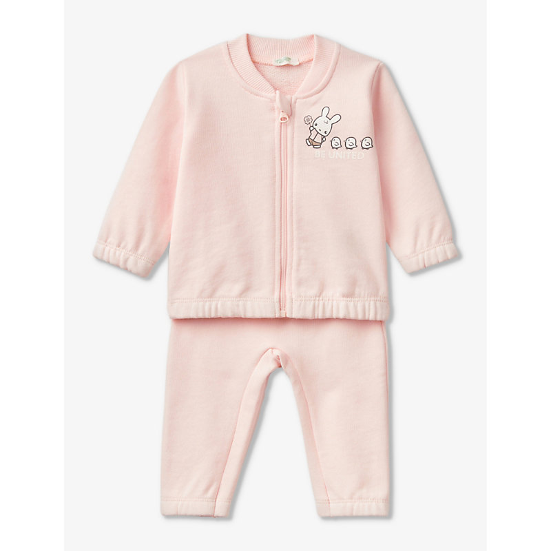 Shop Benetton Branded Organic Cotton-jersey Tracksuit 1-18 Months In Pale Pink