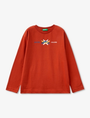 Benetton Boys Red Kids Logo-print Long-sleeve Cotton T-shirt 6-14 Years