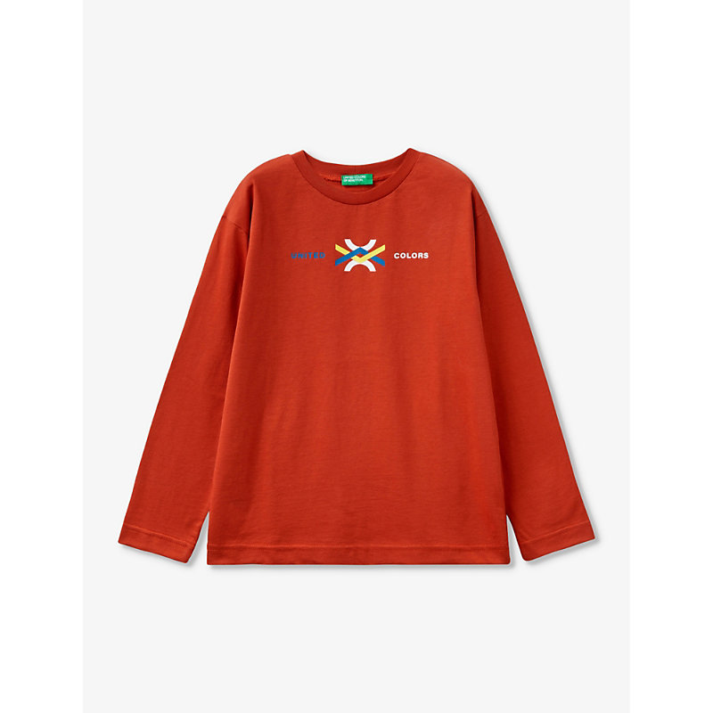 Benetton Boys Red Kids Logo-print Long-sleeve Cotton T-shirt 6-14 Years
