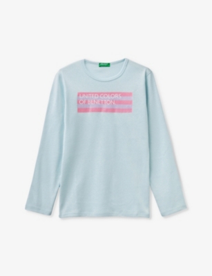 Benetton Girls Aquamarine Kids Logo-print Long-sleeve Cotton T-shirt 6-14 Years
