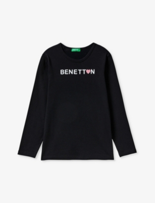 Benetton Girls Black Kids Logo-print Long-sleeve Cotton T-shirt 6-14 Years
