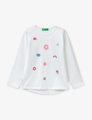 Benetton Girls White Kids Graphic-print Long-sleeve Cotton T-shirt 18 Months-6 Years