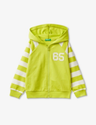 Benetton Kids' Brand-appliquéd Striped-sleeve Cotton-jersey Hoody 18 Months - 6 Years In Lime